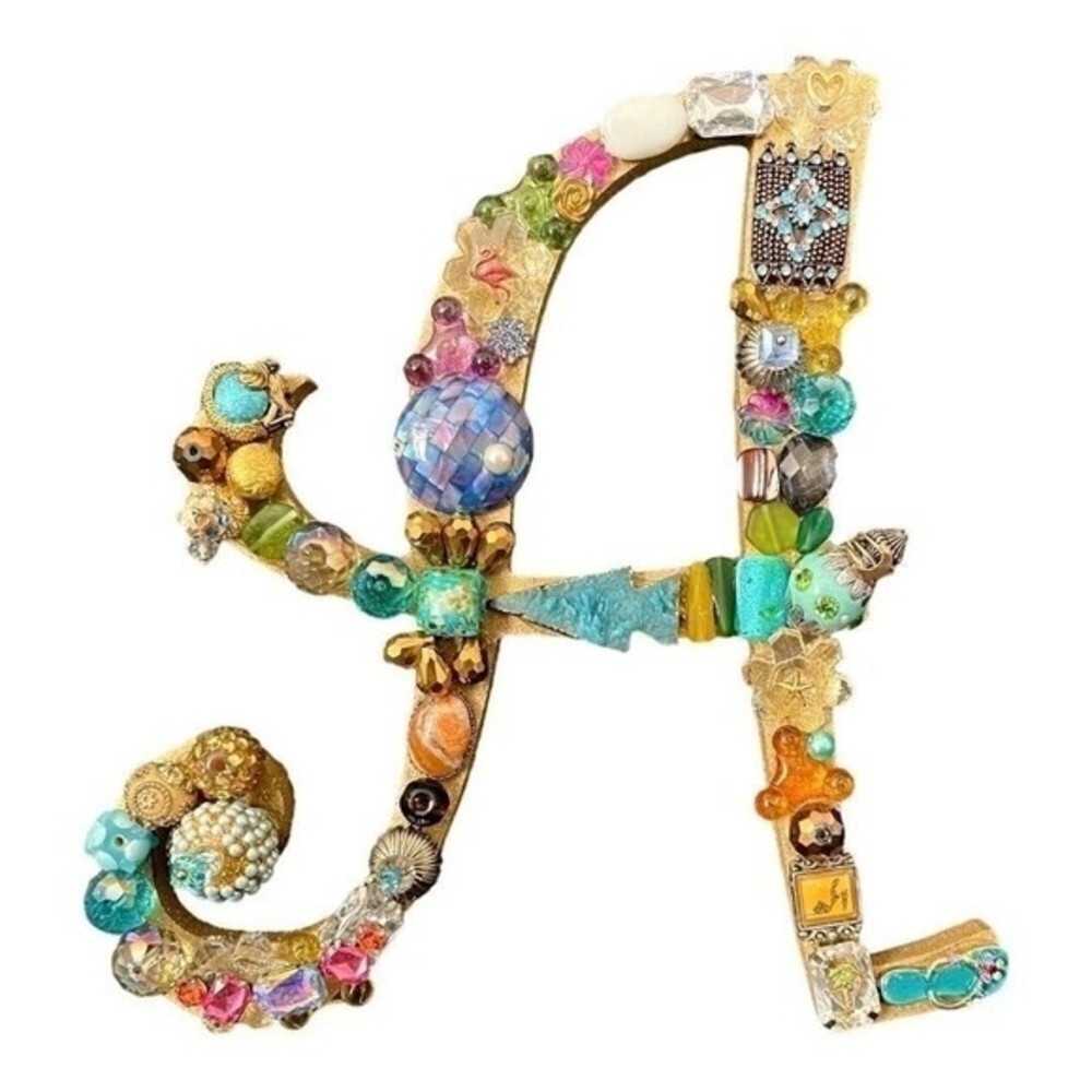 Large Letter A Wall Decor 8.5x7.5" Rhinestone Jeweled Beaded Plaque Handmade VG